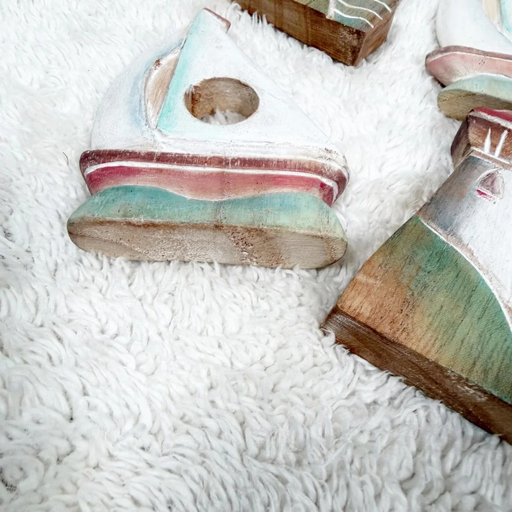 Cottage Nautical 8 Wooden Napkin Rings Sailboat Lighthouse Beach Table Decor